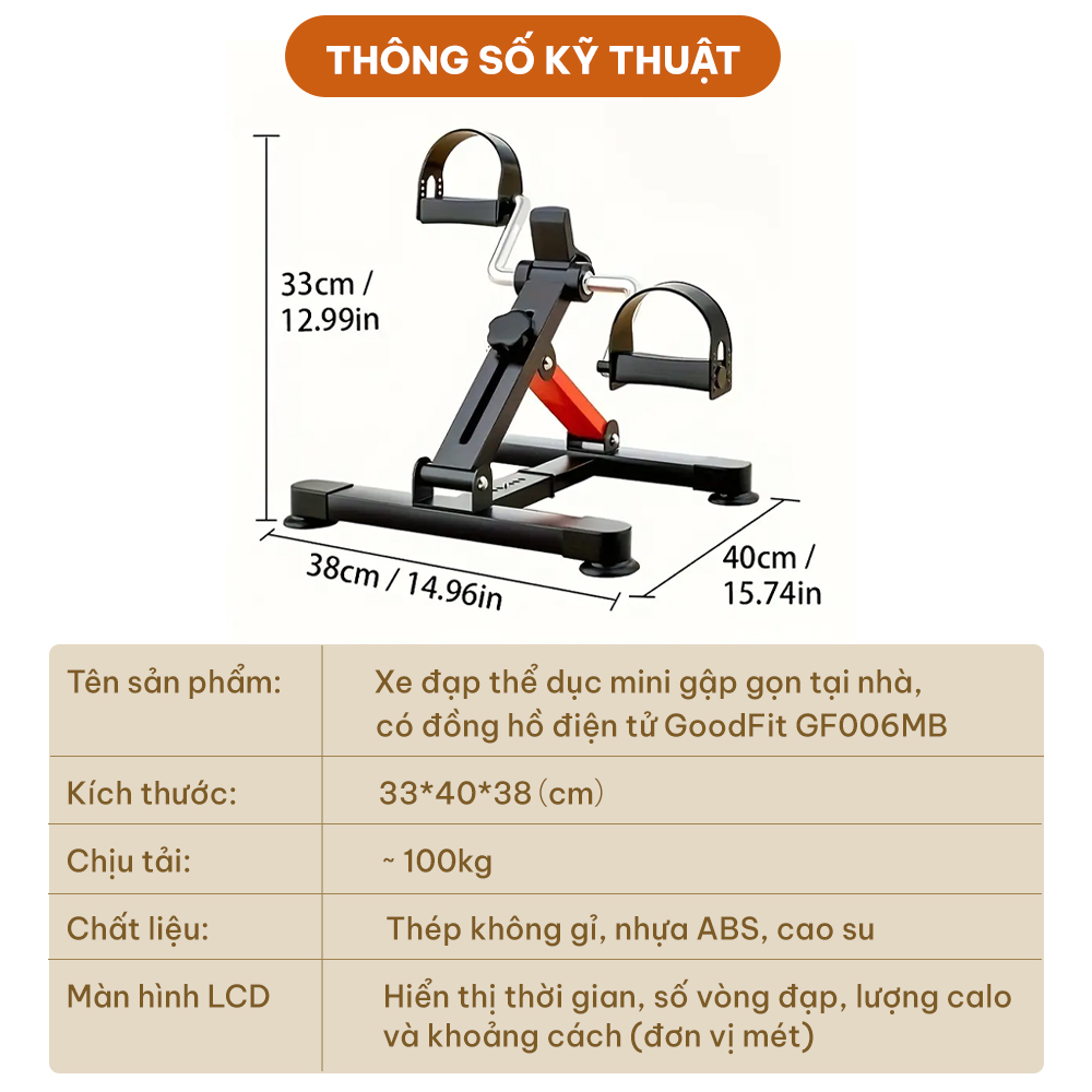 Xe đạp gấp gọn, xe đạp mini tập thể dục tại nhà, có đồng hồ điện tử GoodFit GF006MB