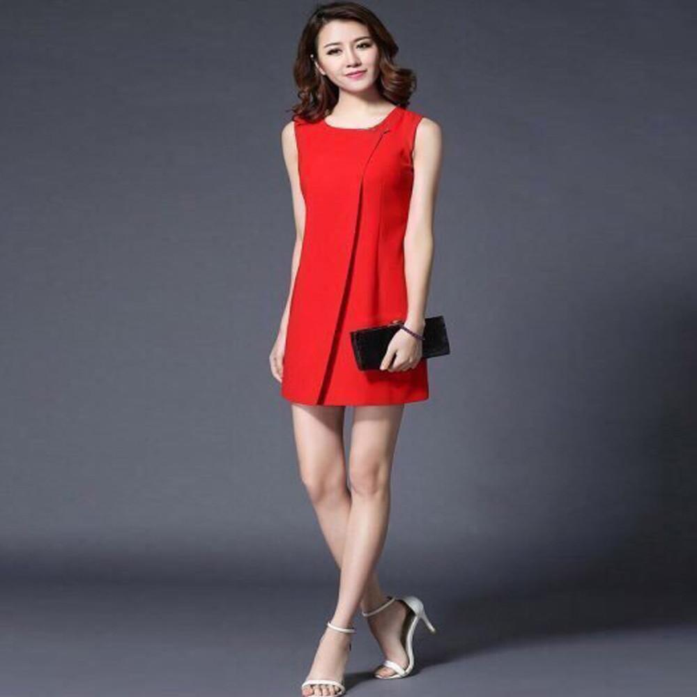 Đầm Dáng Suông Phối Tà Trước Màu Đỏ - Size M