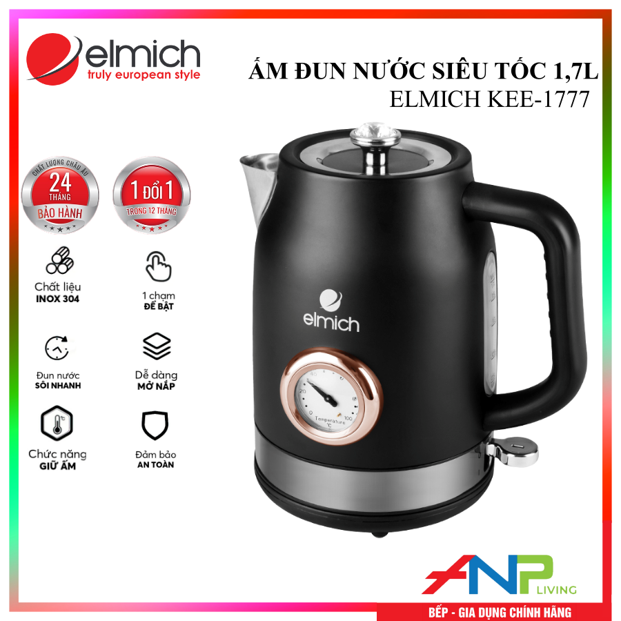 Ấm đun siêu tốc Elmich KEE-1777 (Mầu Đen, Dung Tích 1,7 Lít, Công Suất 2200W, Có đồng hồ báo nhiệt độ nước) - Hàng Chính Hãng