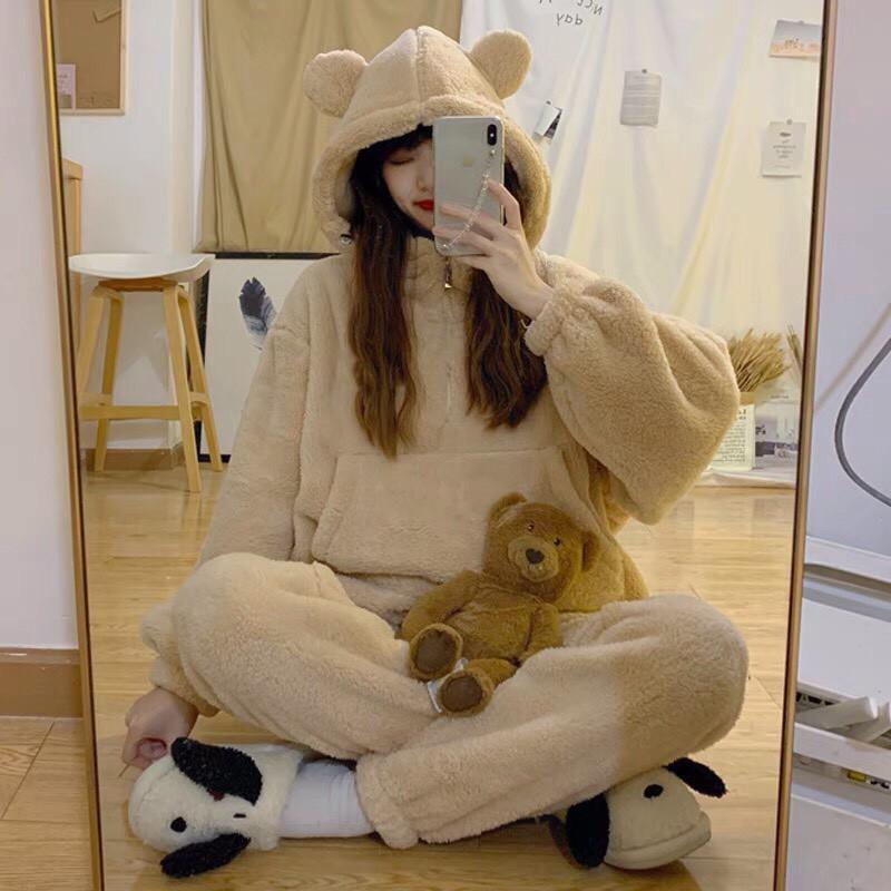 Set Nỉ Bông Cosplay Gấu Nữ - Rere.Store - Bộ quần dài dáng suông kèm áo hoodie tai gấu bánh bèo