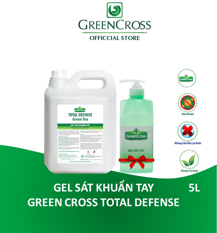Gel sát khuẩn tay dùng trong gia dụng và y tế - GREEN CROSS TOTAL DEFENSE - Can 5 Lít Tặng thêm 1 chai Gel kháng khuẩn Green Cross 500ml