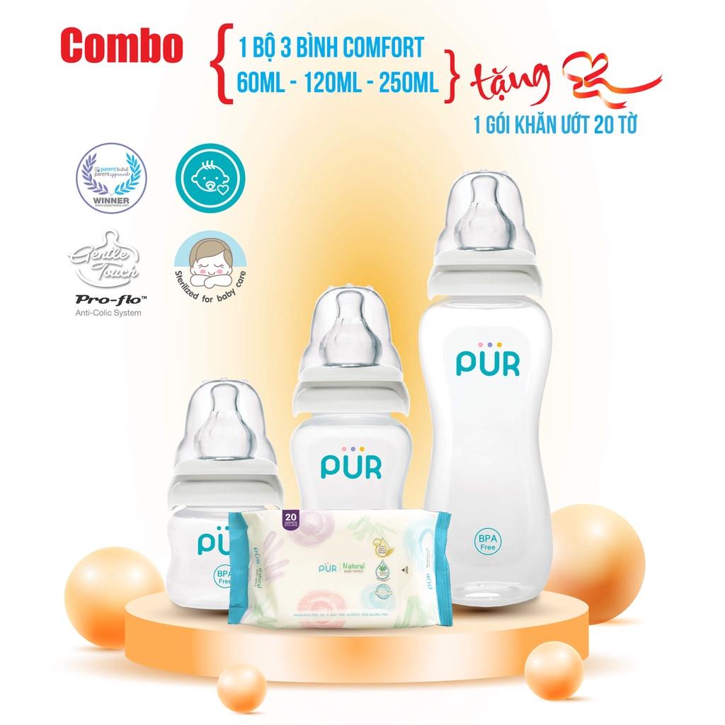 Combo 3 bình sữa Pur Comfort Feeder 60ml 120ml 250ml, cổ thường, núm ti có van chống đầy hơi - tặng gói khăn ướt 20 tờ