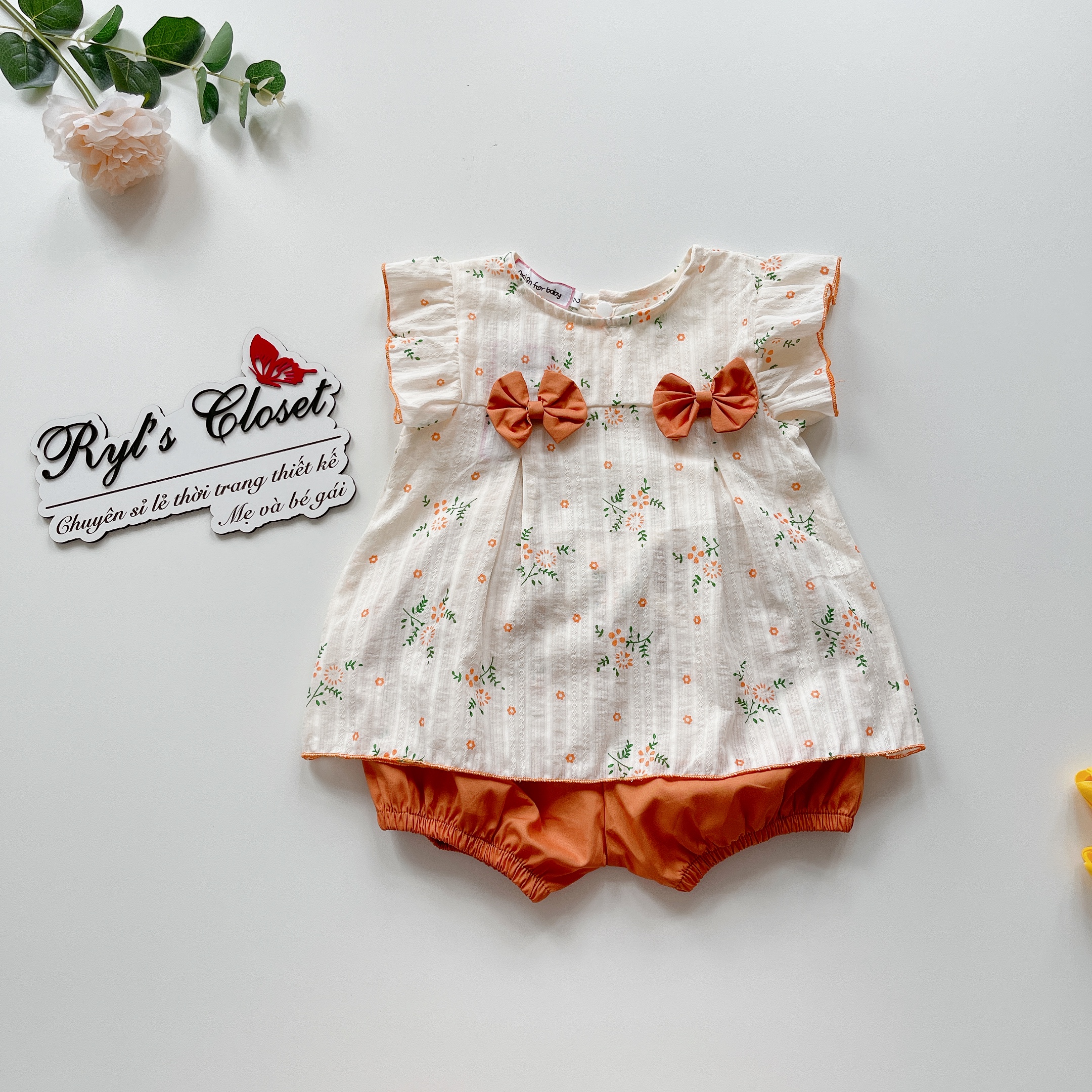 Sét Bộ Nơ Cam Cho Bé Gái 4 Đến 18kg, Bộ Tay Cánh Tiên Bé Gái Xinh Xắn