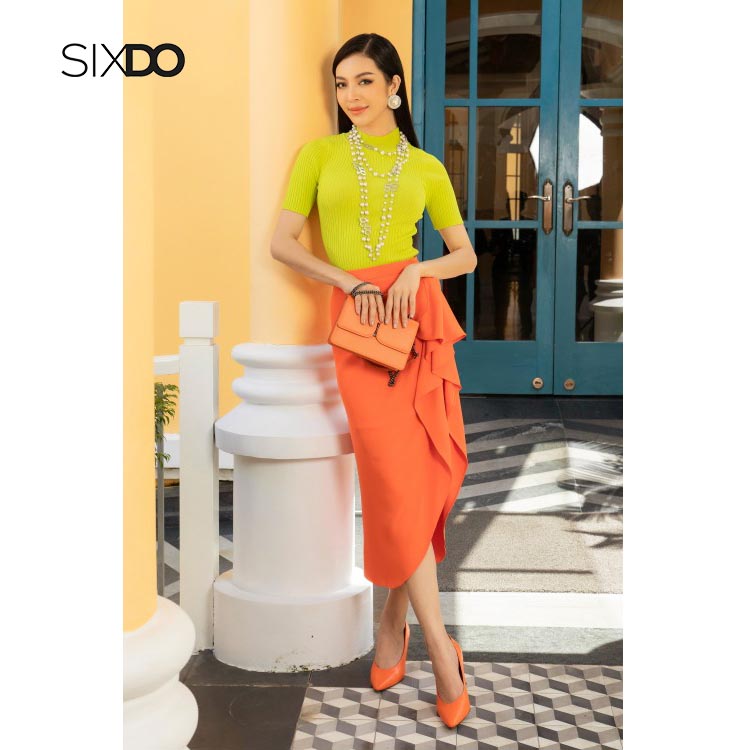 Chân váy lụa nhún eo xẻ vạt thời trang SIXDO
