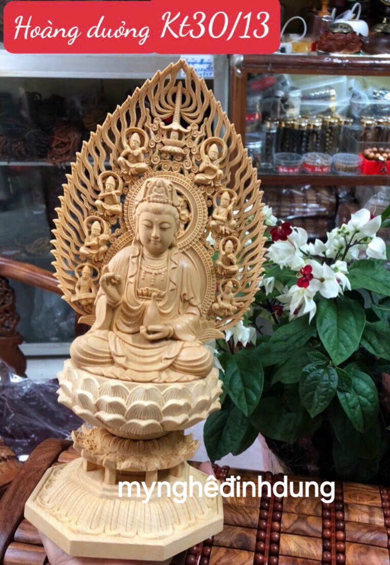 Tượng phật bà mẹ quan âm bồ tát bằng gỗ hoàng đường cao 30x13cm