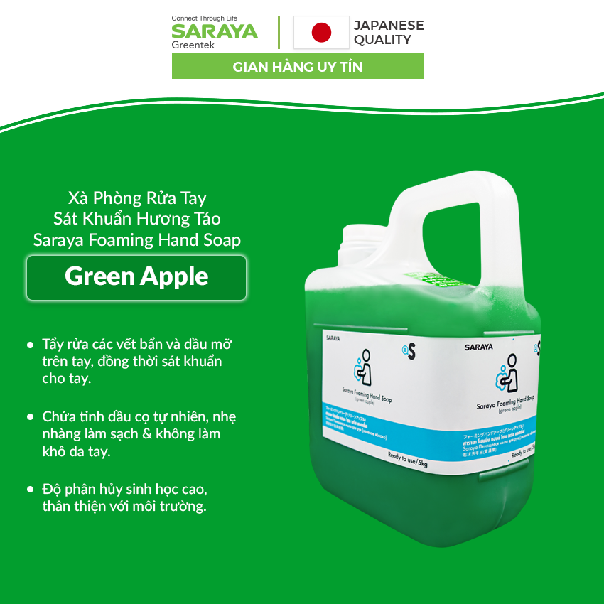 Xà Phòng Rửa Tay Sát Khuẩn SARAYA FOAMING HAND SOAP (GREEN APPLE), Hương Táo, Không Làm Khô Da Tay - Can 5Kg