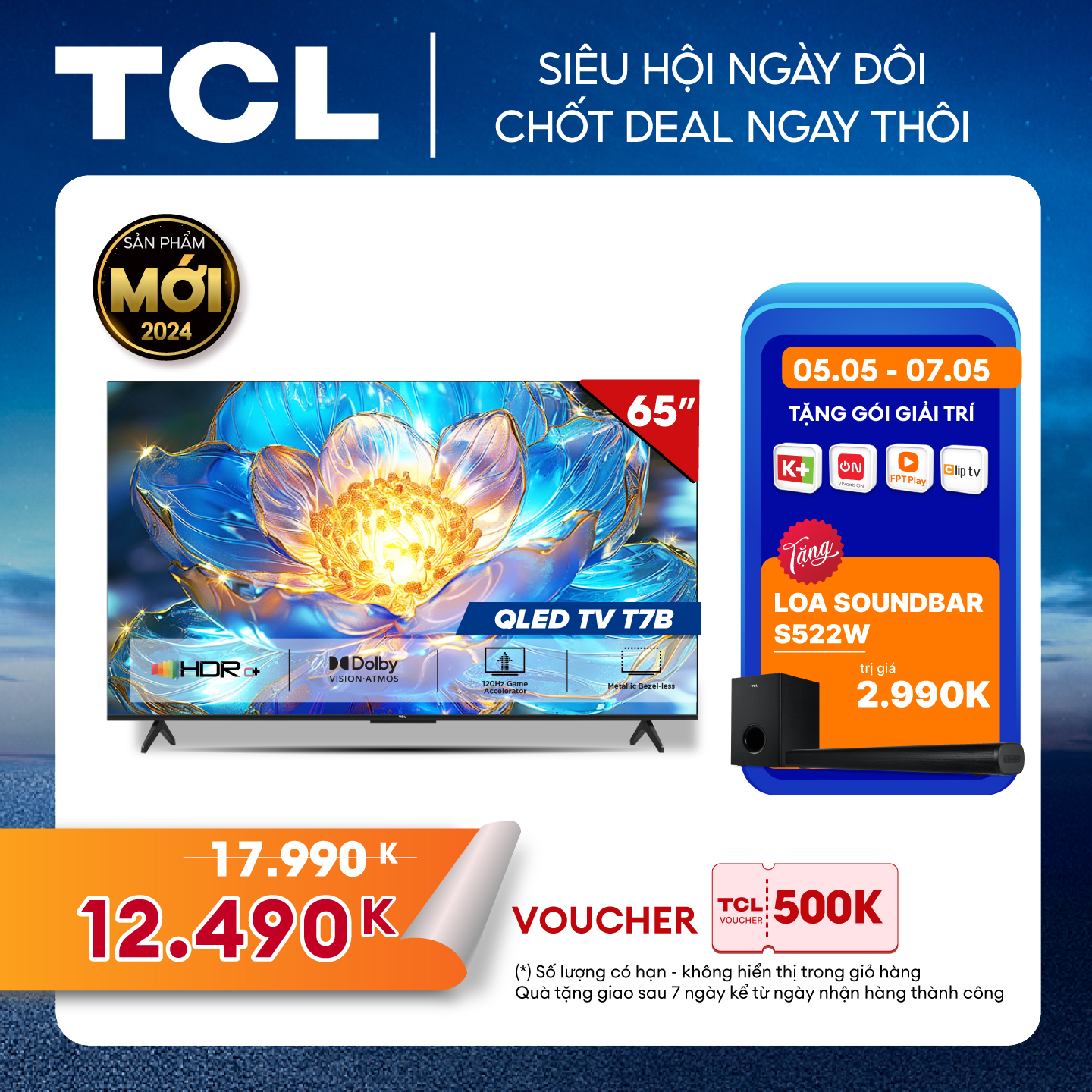 TCL 65T7B 65&quot; QLED 4K Smart TV - Tivi 65inch - Hàng chính hãng - Bảo hành 2 năm
