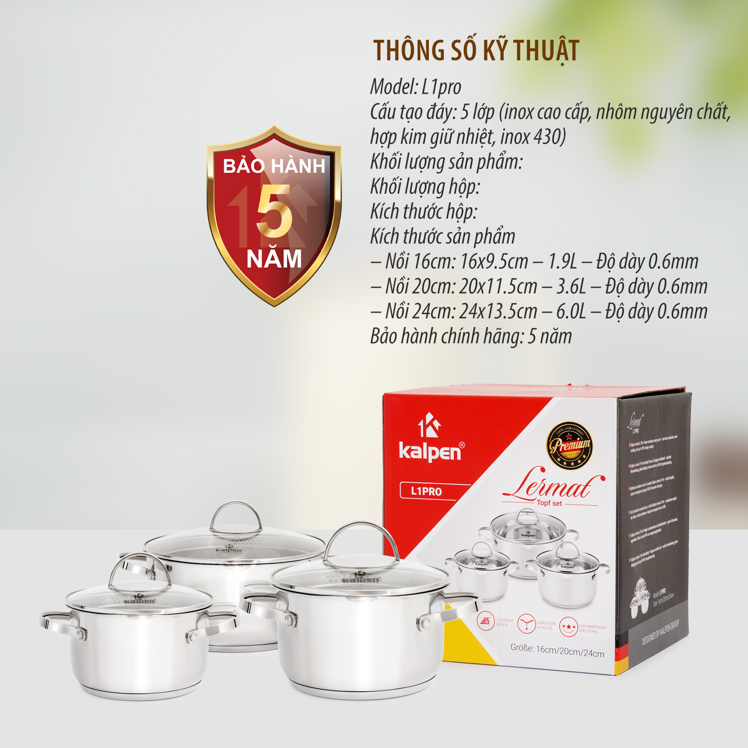 Bộ nồi inox 304 cao cấp 5 đáy Kalpen Lermat L1pro - Hàng chính hãng bảo hành 5 năm