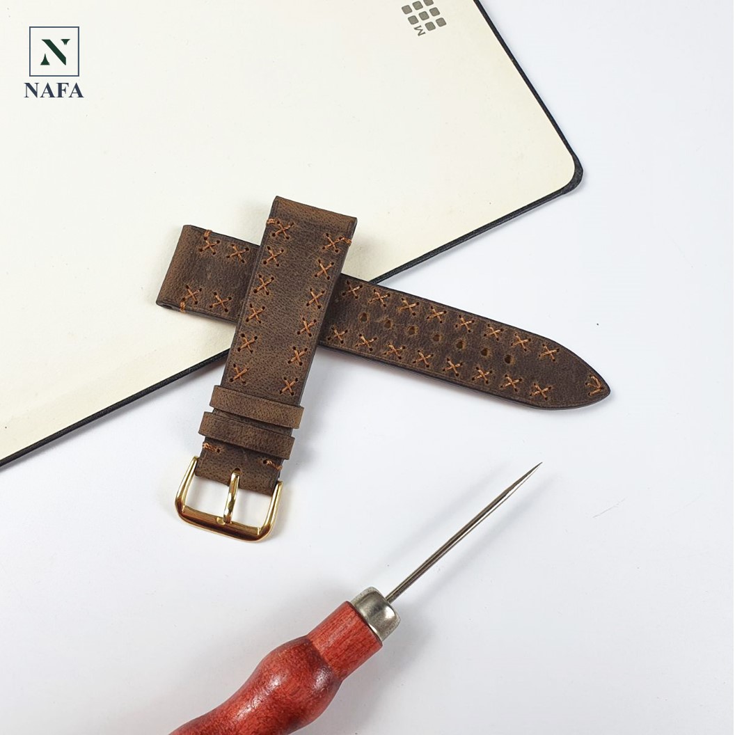 Dây đồng hồ nam handmade thủ công da bò sáp NAFA AL117 đường may bền bỉ, tinh tế