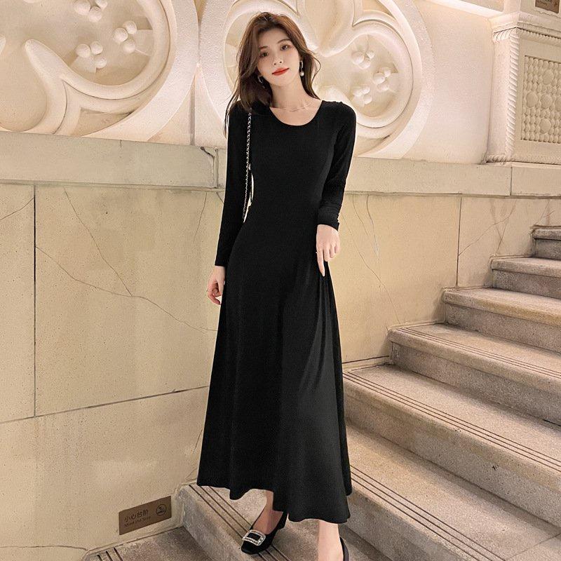 Váy suông dáng dài, váy maxi dài tay dáng xòe trơn basic cổ tròn vải thun tăm co giãn dày dặn phong cách Hàn Quốc,VAY025
