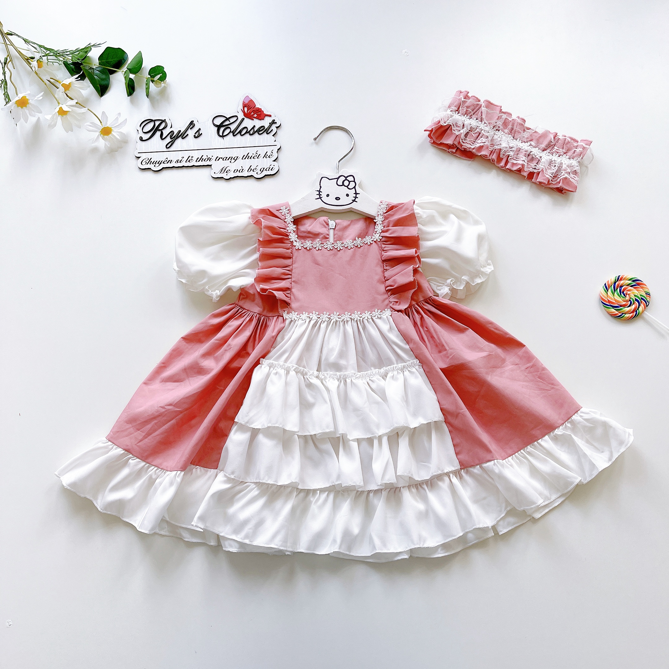 Váy Lolita bèo hồng bé gái 4 đến 17kg, Đầm bé gái chất lụa nến mềm mát