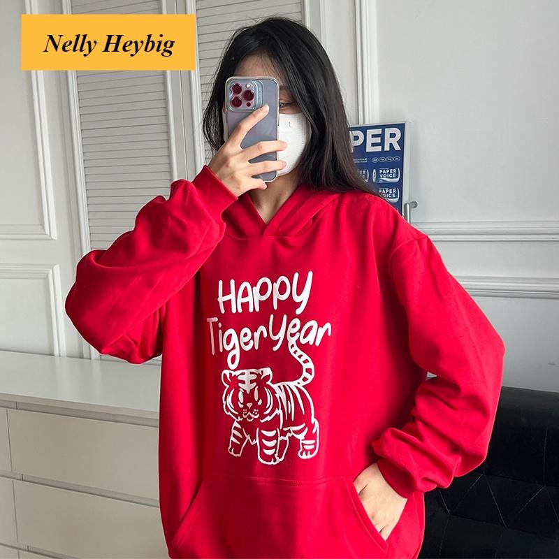 Áo Hoodie lót lông Nelly Heybig Thời Trang Màu Đỏ Tuổi Dần Dày Dặn lót lông oversize dành cho nam và nữ