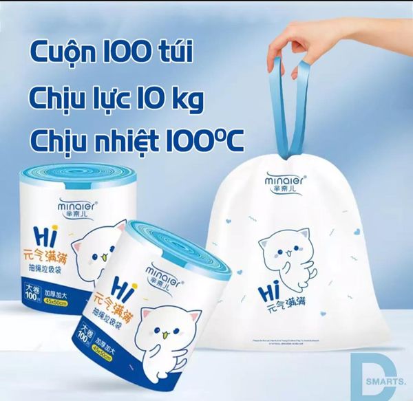 CUỘN 100 TÚI RÁC NHỰA DẺO CÓ DÂY RÚT, KHÔNG RÒ RỈ NƯỚC, KHÔNG SỢ BẨN TAY - 1 CUỘN 100C