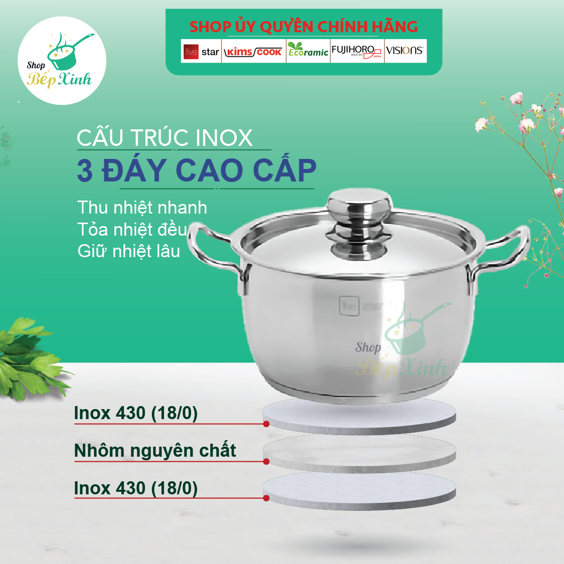 Bộ nồi inox Fivestar 3 chiếc inox 430 nắp inox , 3 đáy dùng được bếp từ , hồng ngoại , gas - tặng 1 vá canh