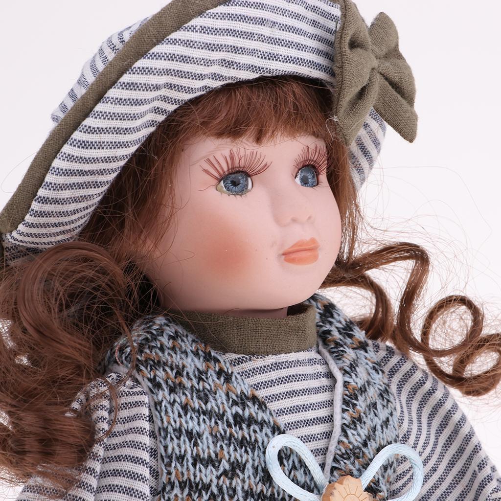 2x Lovely Porcelain Girl Doll People Figure with Gray Clothes Hat Set Gift