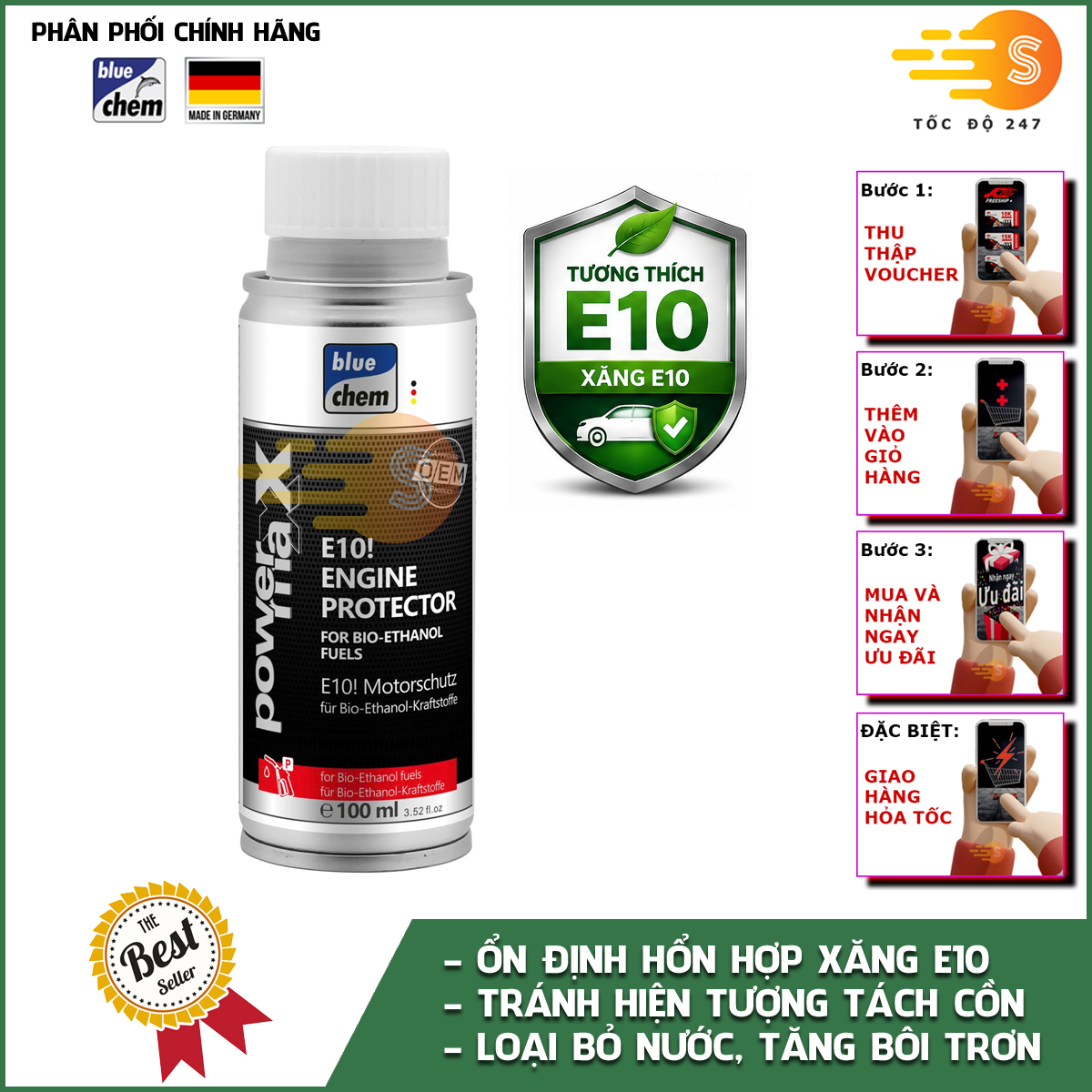 Phụ gia xăng E10 cho xe máy bảo vệ động cơ dùng nhiên liệu sinh học ethanol Bluechem 33469E 100ml – Tránh hiện tượng tách cồn, ổn định xăng, không tắt máy