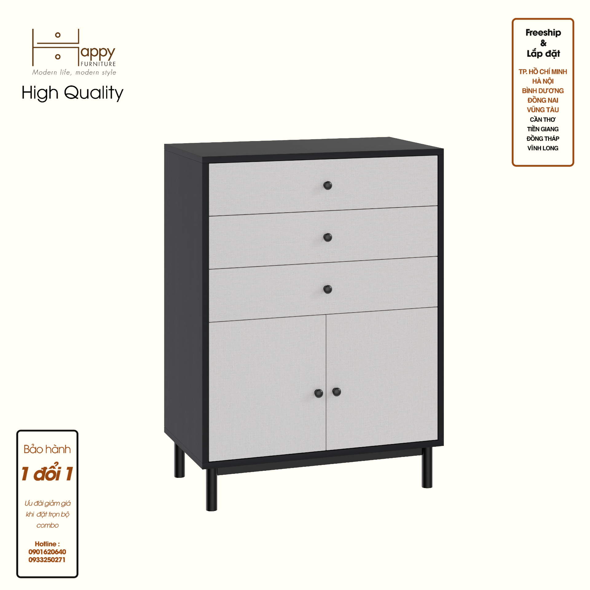 HAPPY FURNITURE , Tủ lưu trữ 3 ngăn kéo 2 cánh mở- LIVIK, TLT_055 , 70cm x 40cm x 95cm DxRxC