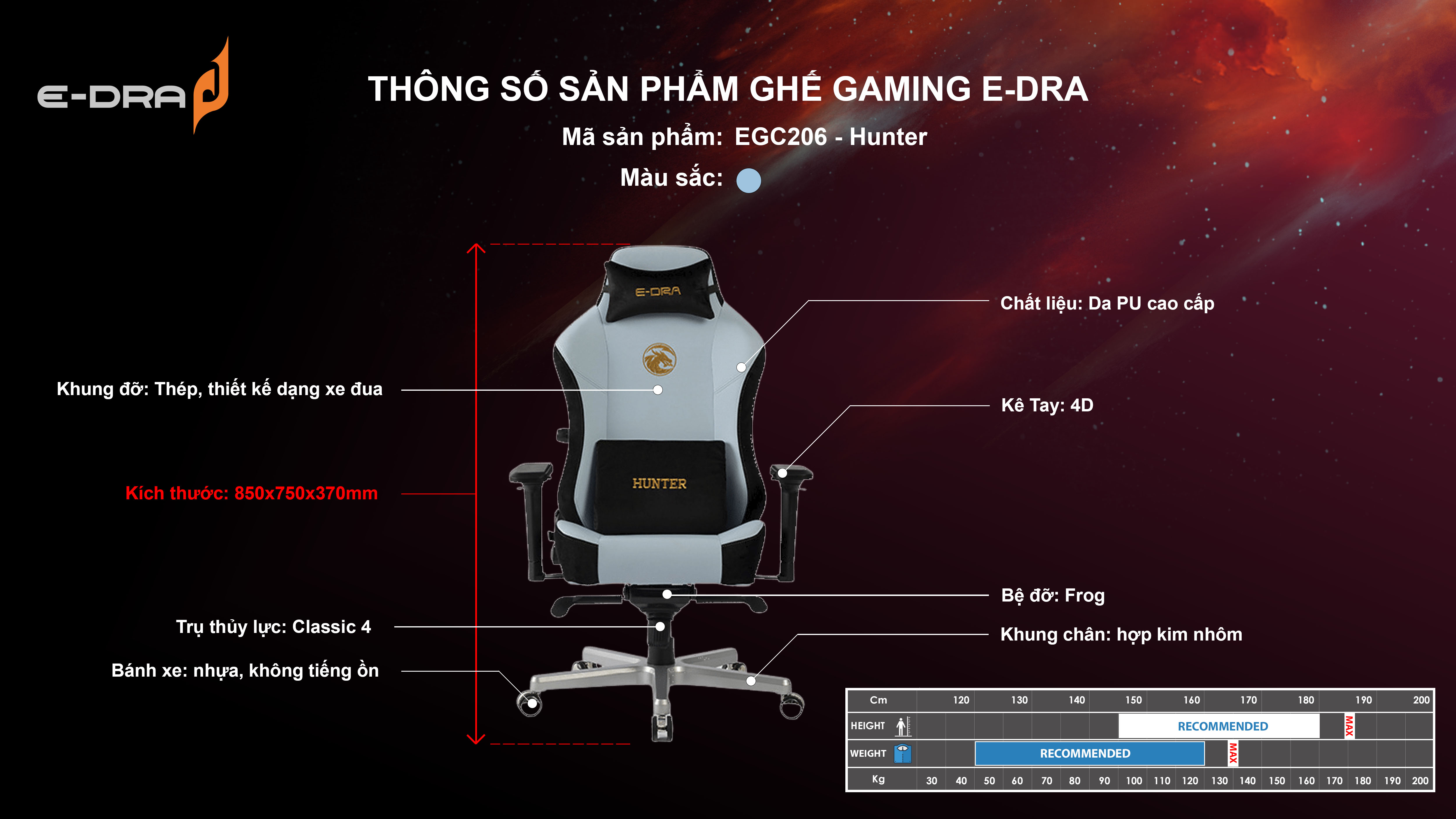Ghế gaming cao cấp E-Dra Hunter EGC206 - Hàng chính hãng