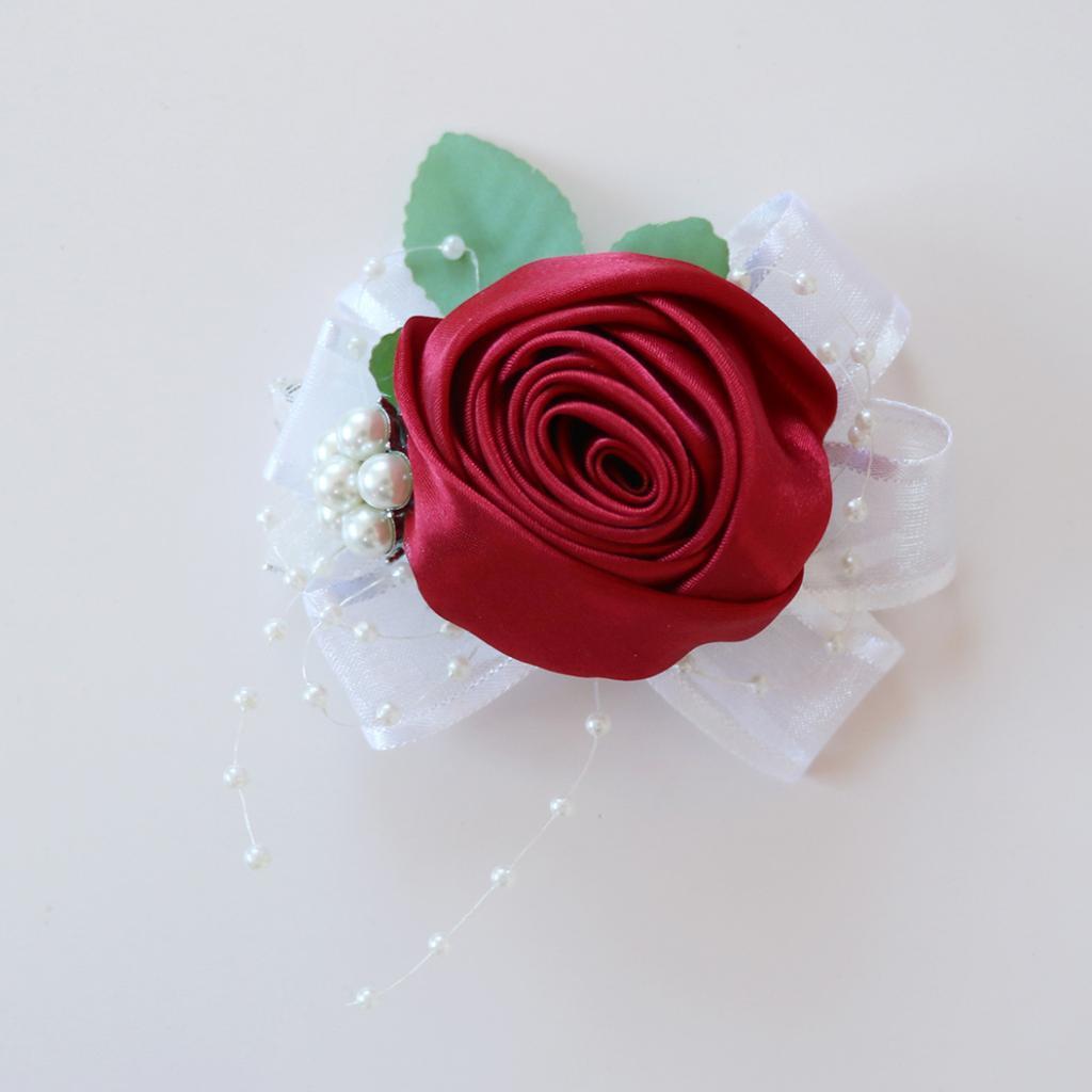 2-5pack Wrist Corsage Bridal Stretchy Bracelet Wedding Prom Hand Flower Wine Red