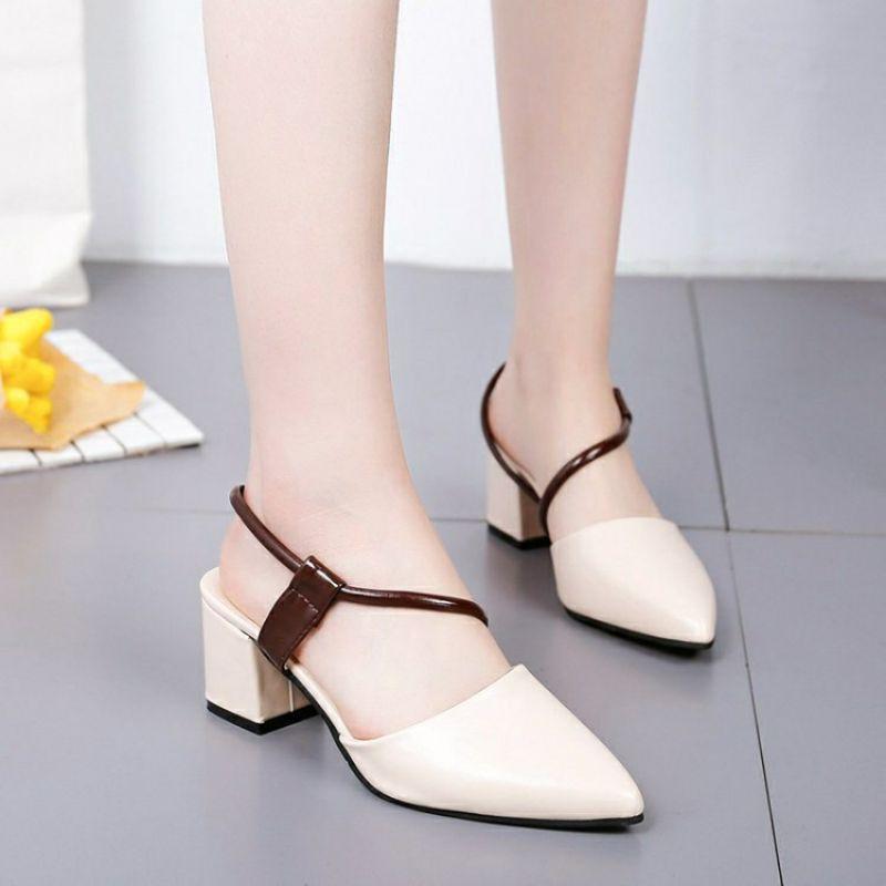 Giày nữ quai đáng yêu cao 5P màu kem Size 35