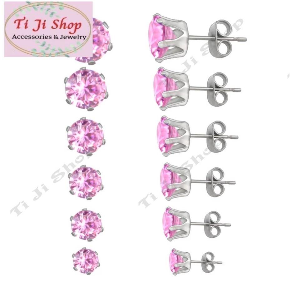 Bông tai inox đá tròn màu hồng cao cấp không đen, không gỉ sét, không dị ứng
