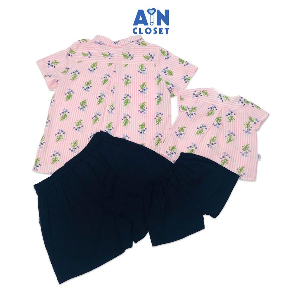 Bộ quần áo ngắn bé gái họa tiết Kẻ hồng hoa tím quần xanh cotton - AICDBT0UX0WX - AIN Closet