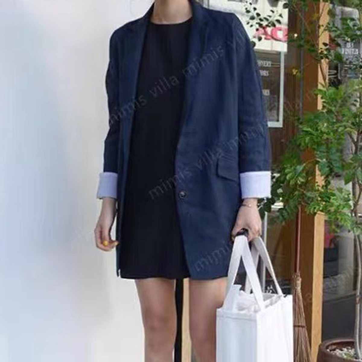 Áo Blazer nữ form rộng dáng dài 2 túi bổ nắp trẻ trung - Xanh than