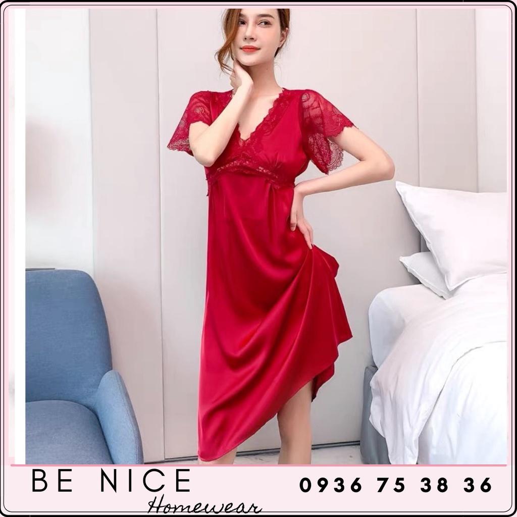 Váy ngủ lụa cao cấp phối ren có tay sang trọng cho nàng, Be Nice Homewear