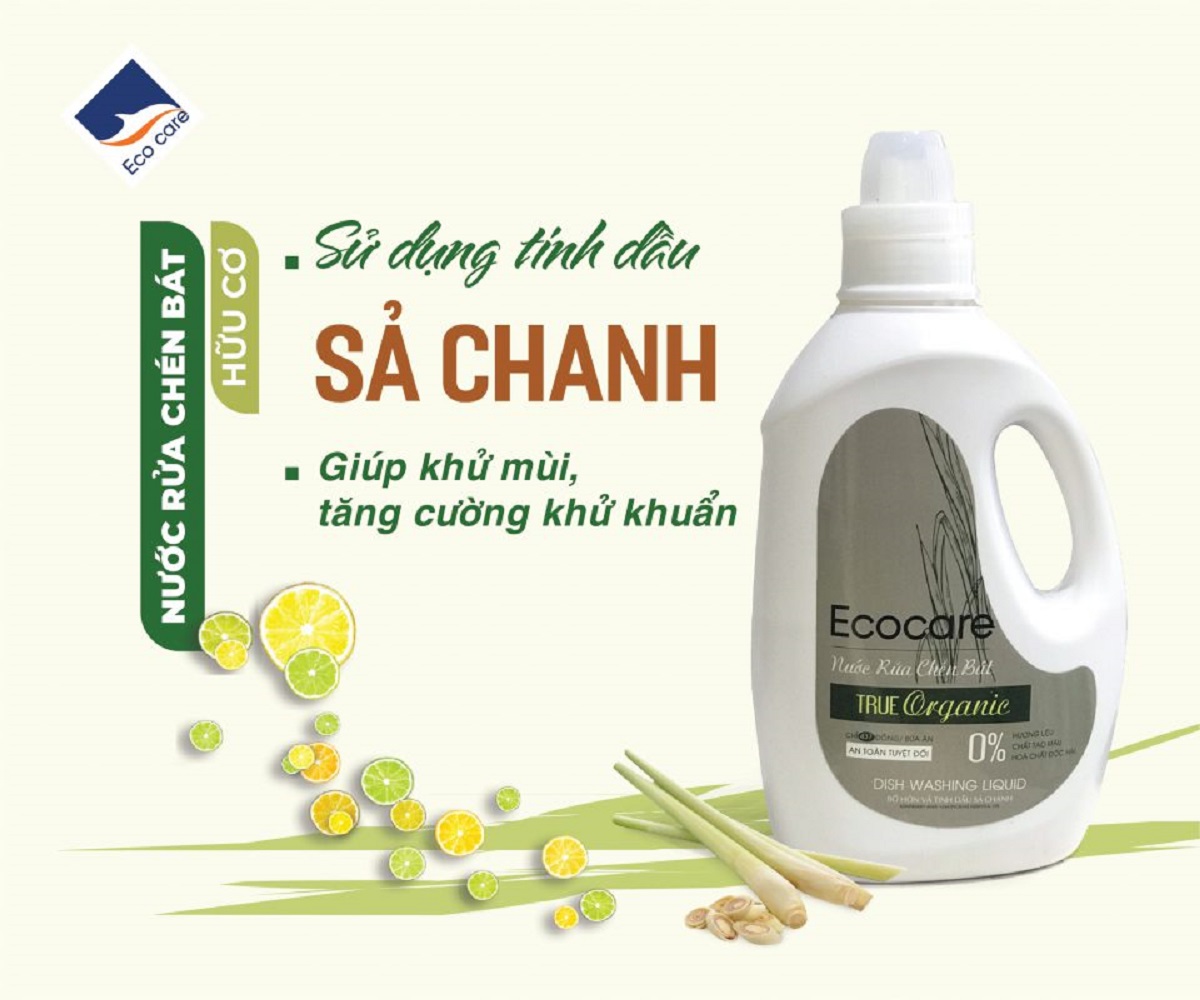 Nước rửa chén hữu cơ Bồ hòn Ecocare - 100% thực vật, không hóa chất, tinh dầu khử mùi, chăm sóc da tay, tiết kiệm nước 30% - Mẫu mới 2020 - Chai 4000ml