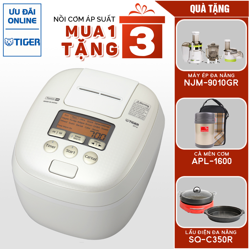 Nồi cơm điện Tiger JPT-H18S (1.8L) Tặng Máy ép Kuvings NJM-9010GR + Cà mèn cơm Apollo APL-1600 + Lẩu điện SQ-C350(R) - Hàng Chính Hãng