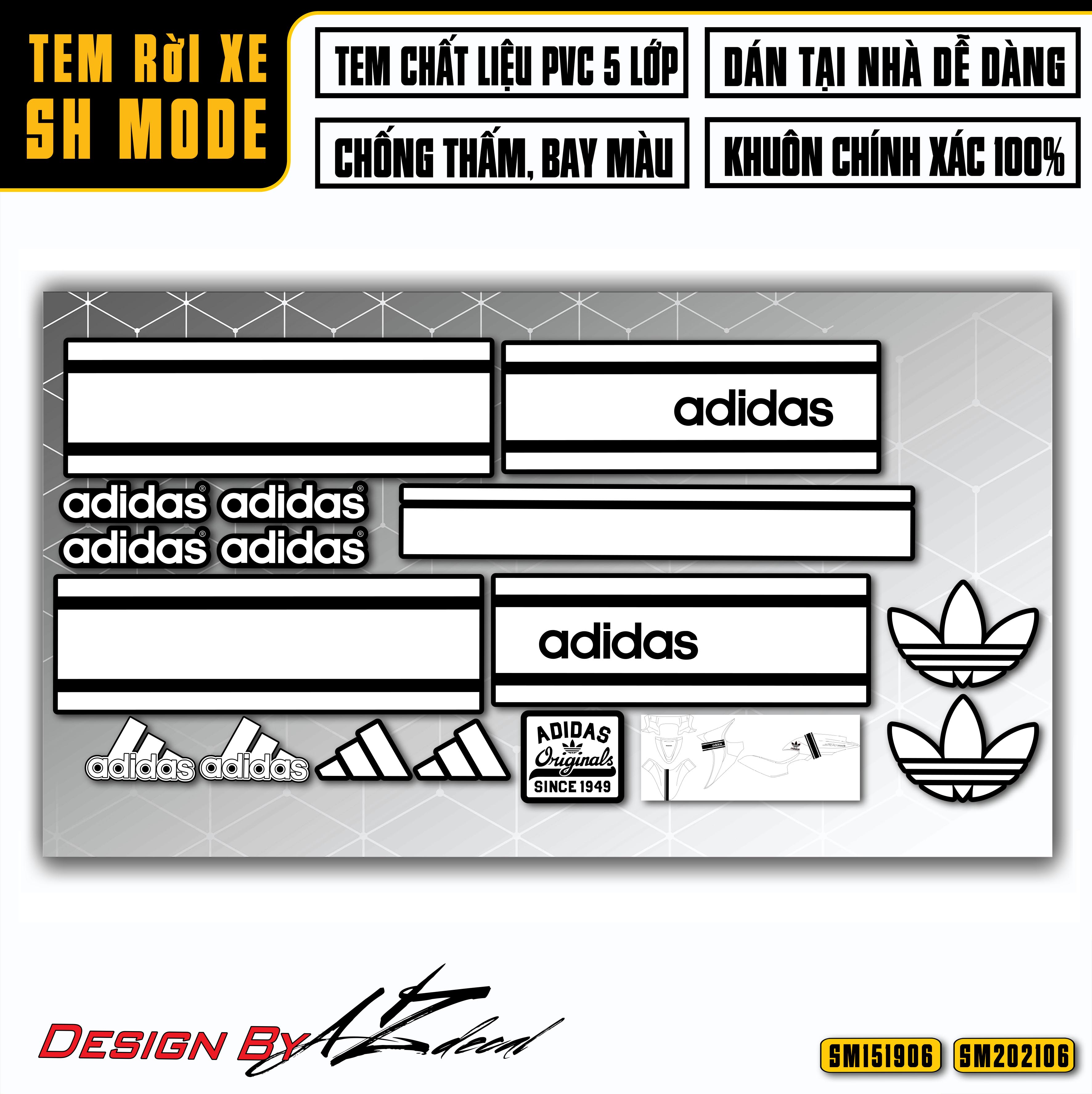 Tem Chế Xe SH Mode Mẫu Adidas | SM06 | Decal Rời Dán Xe Màu Đỏ, Đen, Xám, Trắng, Kem, Xám, Bạc Đen | Chống Thấm, Chống Phai Màu