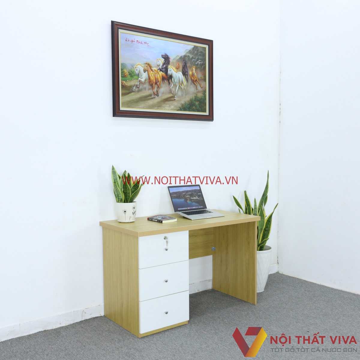 Bàn Làm Việc Gỗ MDF Melamine Màu Vàng Phối Hộc Kéo Trắng Đẹp Giá Rẻ