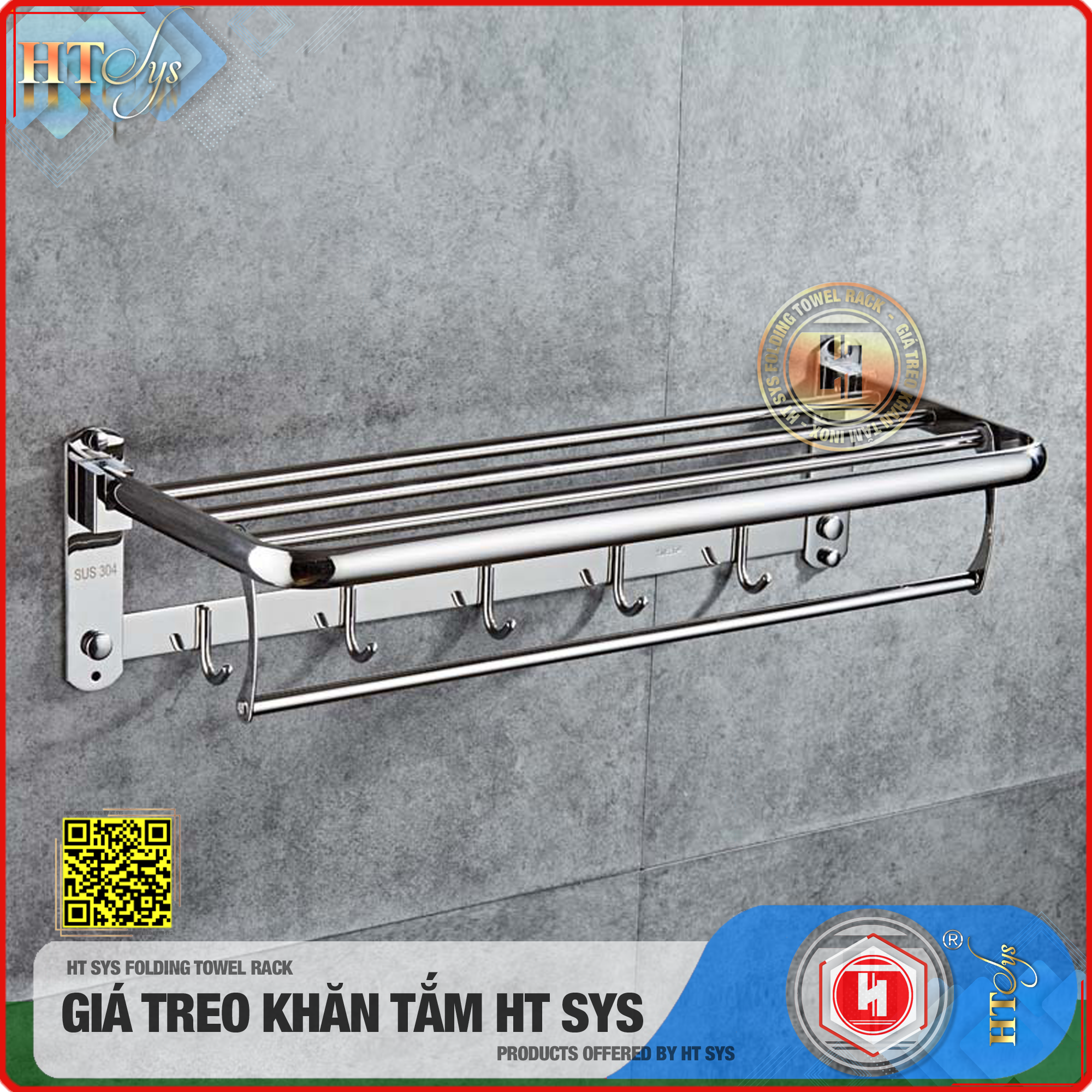 Kệ nhà tắm inox 304 cao cấp HT SYS - HTGT02 - Tích hợp giá treo khăn tắm, vắt khăn tắm, móc treo đồ -Hàng Chính Hãng