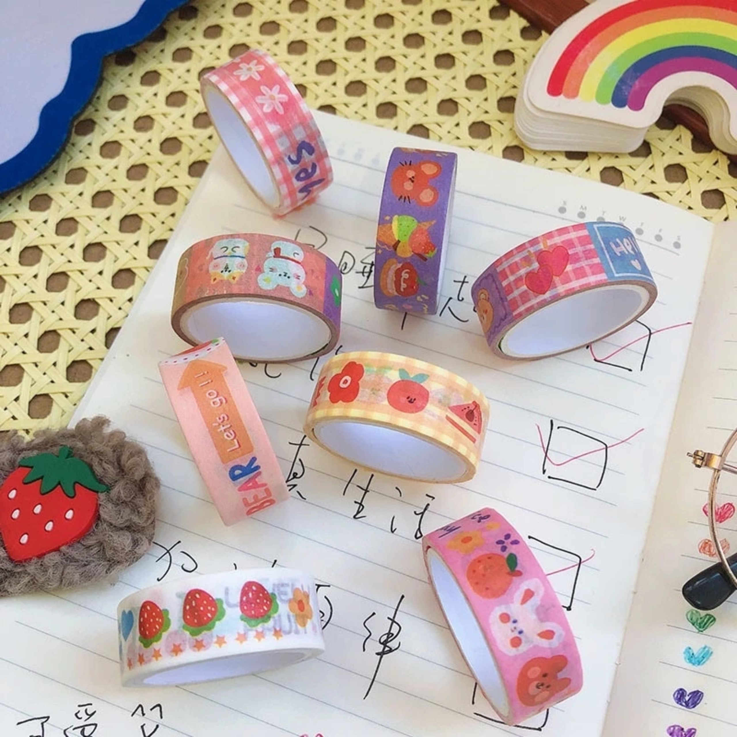 Lẻ 1 Cuộn băng dính washi tape dán trang trí họa tiết hoạt hình dễ thương, cuộn băng dán sticker nhiều hình cute