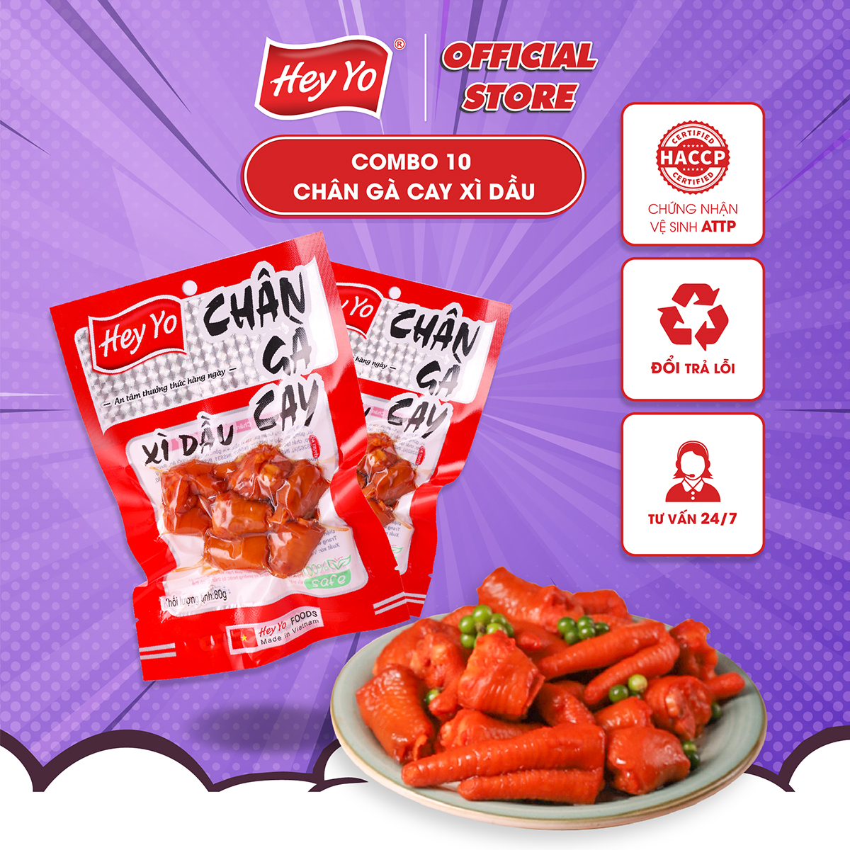 Combo 10 Chân Gà Cay Vị Xì dầu Hey Yo 80g, chân gà ủ vị hàng Việt Nam thơm ngon chất lượng