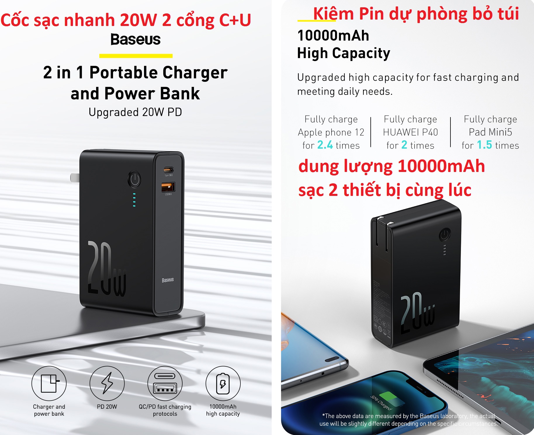 Cốc sạc nhanh 20W kiêm Pin dự phòng 10000mAh 2-in-1  Baseus PPNLD20C - Hàng chính hãng