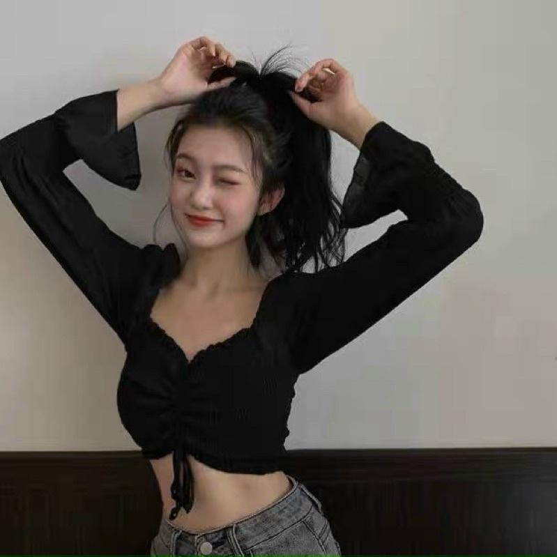 Áo Croptop Trễ Vai Voan Rút Nhún Thân Tay Dài A5020