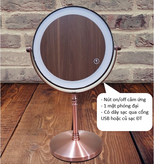GƯƠNG TRANG ĐIỂM ĐÈN LED ĐỂ BÀN INOX, CÓ DÂY SẠC ĐI KÈM RẤT TIỆN LỢI MKZ156