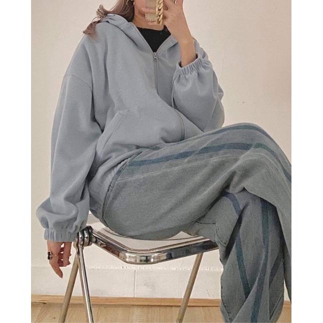 Áo Khoác Hoodie Nỉ Unisex Áo tay bồng khóa kéo có mũ ulzzang màu Xanh | Xám nam nữ HOT