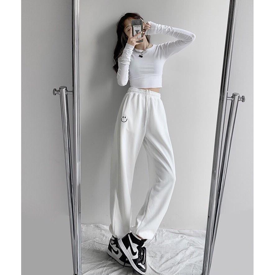 Quần jogger nữ Mặt Cười đen trắng ghi xanhunisex cap cao ống suông rông bo gấu
