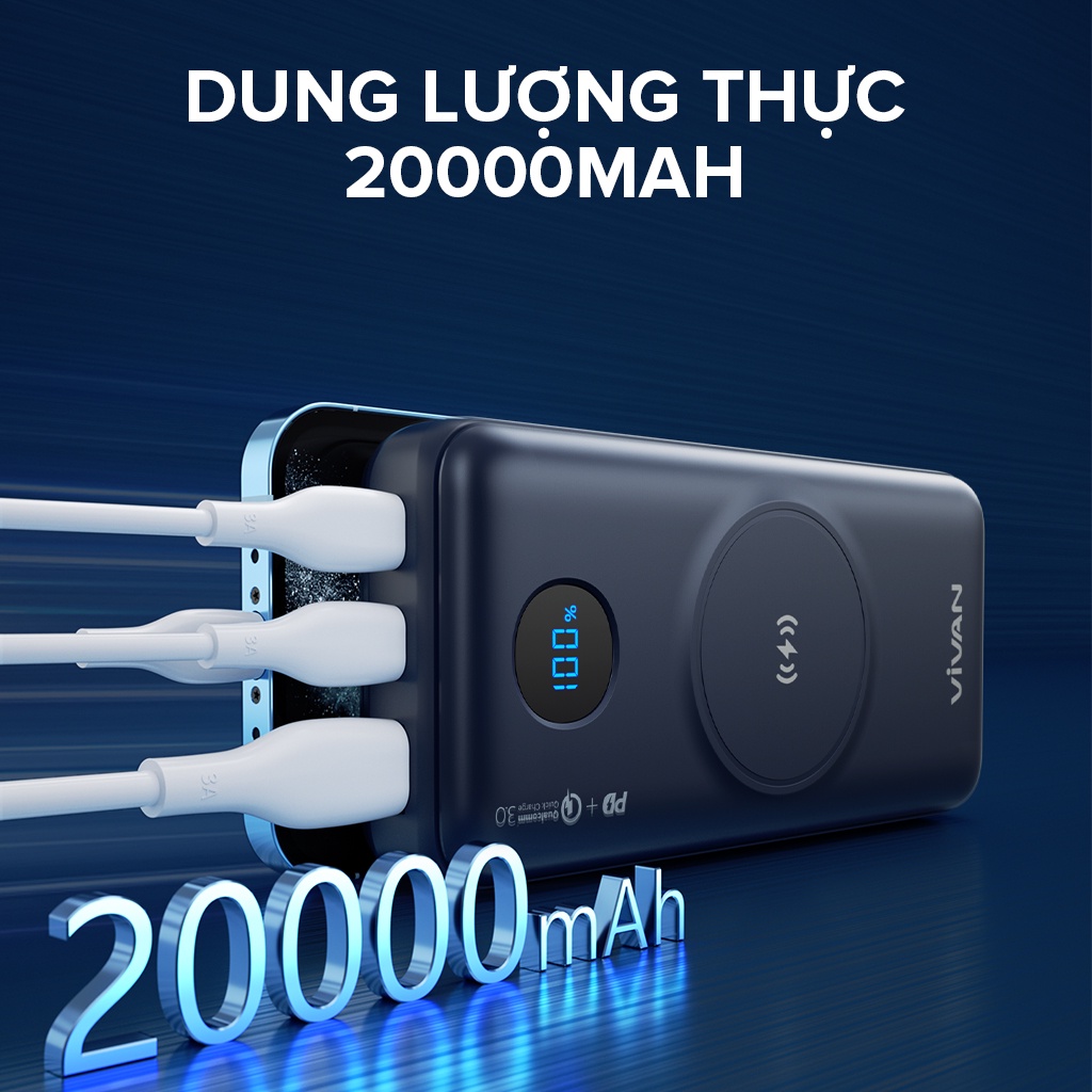 Pin Dự Phòng Sạc Không Dây VIVAN VPB-W20 20.000mAh Hỗ trợ Sạc Nhanh 22. Chuẩn QC 3.0 PD - Hàng Chính Hãng