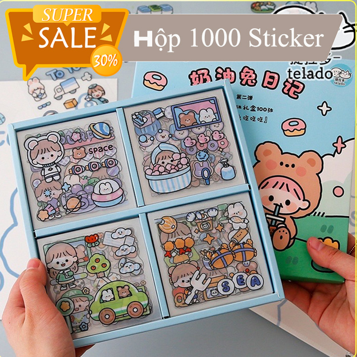 Bộ 1000 sticker dễ thương dán trang trí sổ. điện thoại. cốc , laptop - Hộp  100 tấm  có hộp đựng đi kèm ( 1000 Sticker nằm trong 100 tấm ô  vuông) | L