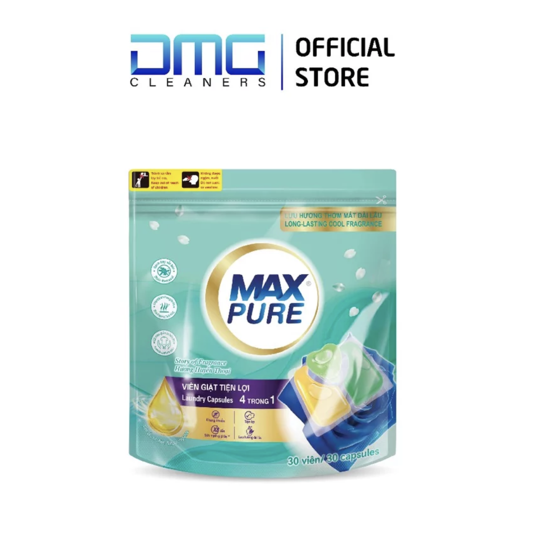 Túi 30 Viên Giặt Tiện Lợi MaxPure 4in1- Hương Huyền Thoại - tặng 1 vỉ treo bồn cầu hương Chanh