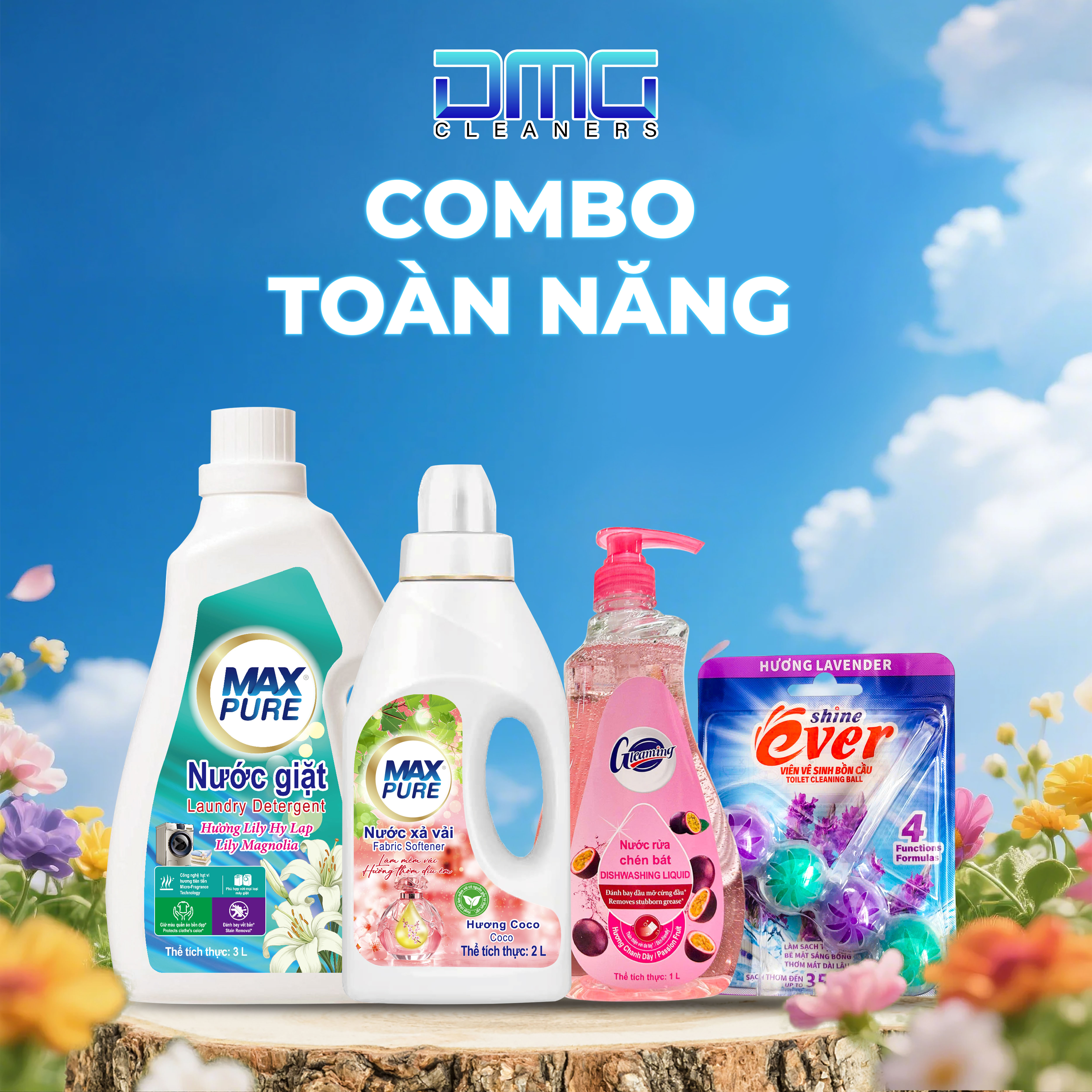 Combo Toàn Năng 4 Món: 1 Chai Nước Giặt Hoa Hồng + 1 Chai Xả Thư Thái + 1 Chai Rửa Chén Chanh Đào + 1 Viên Treo Chanh