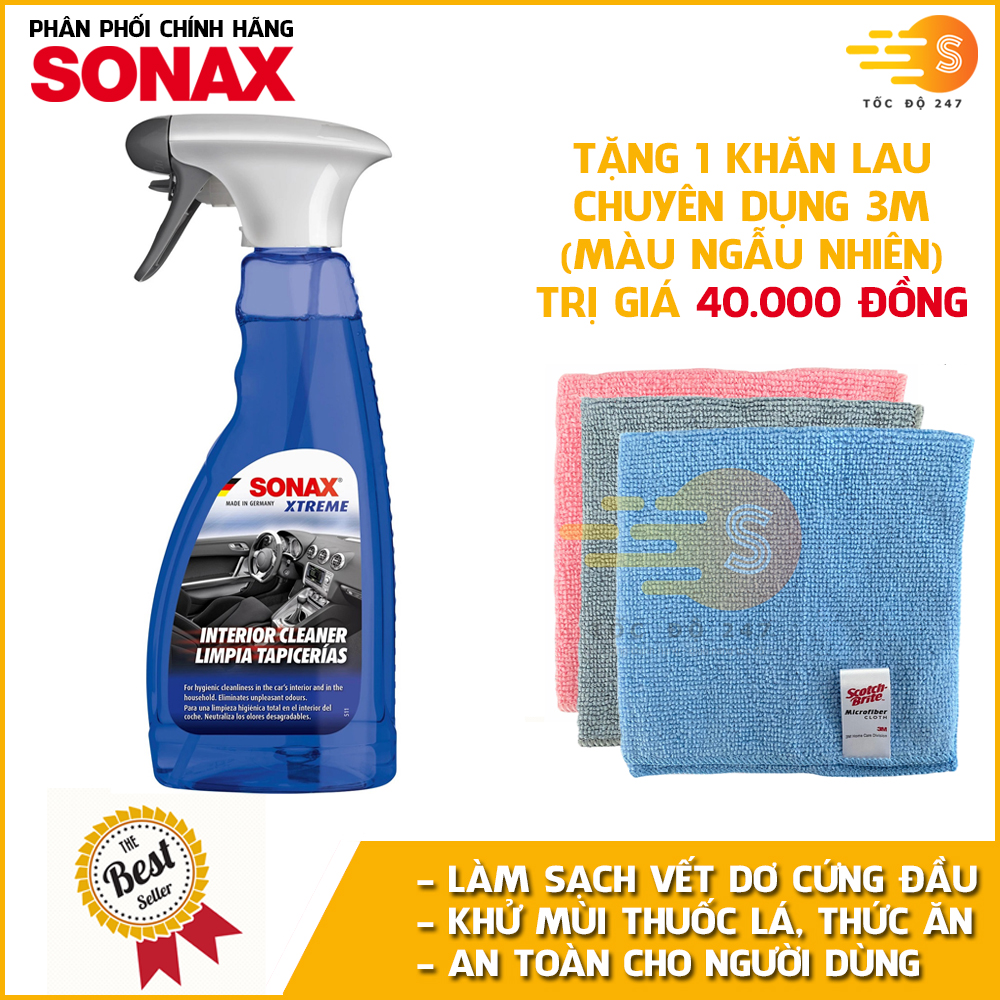 Chai xịt khử mùi và làm sạch nội thất xe Interior Cleaner Xtreme Sonax 221241 500ml tặng kèm 1 khăn  KL3030 màu ngẫu nhiên - Tẩy sạch vết bẩn cứng đầu,, tác dụng nhanh chóng và hiệu quả