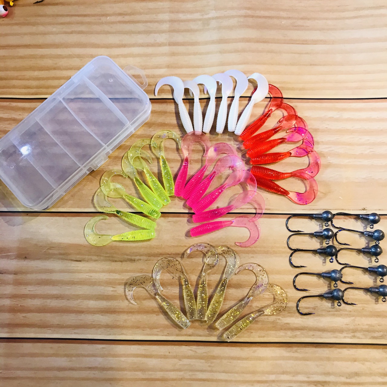 COMBO 10 Lưỡi câu jig head (nặng 5gam)  và 30 mồi giun mềm câu lure dài 5.5cm nặng 2.2gam, mồi câu chìm câu lóc, cá tráp, cá chẽm, câu cá biển, rô phi siêu nhạy