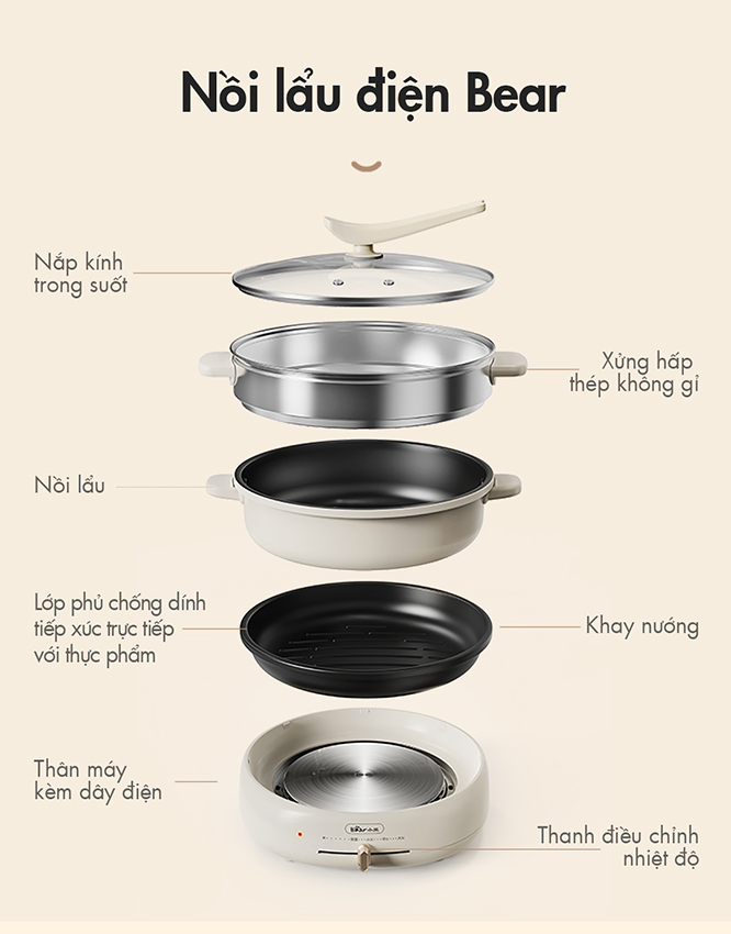 Nồi lẩu nướng đa năng Bear DHG-C40W2 - Hàng chính hãng