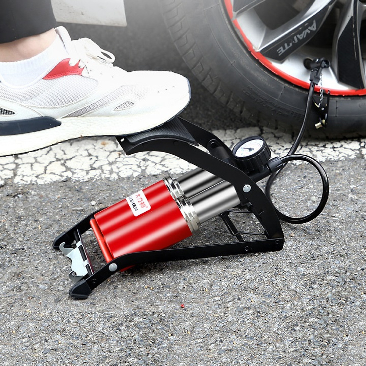 Bơm đạp chân 2 ống cao cấp để bơm xe đạp, xe máy, ô tô, bóng, phao