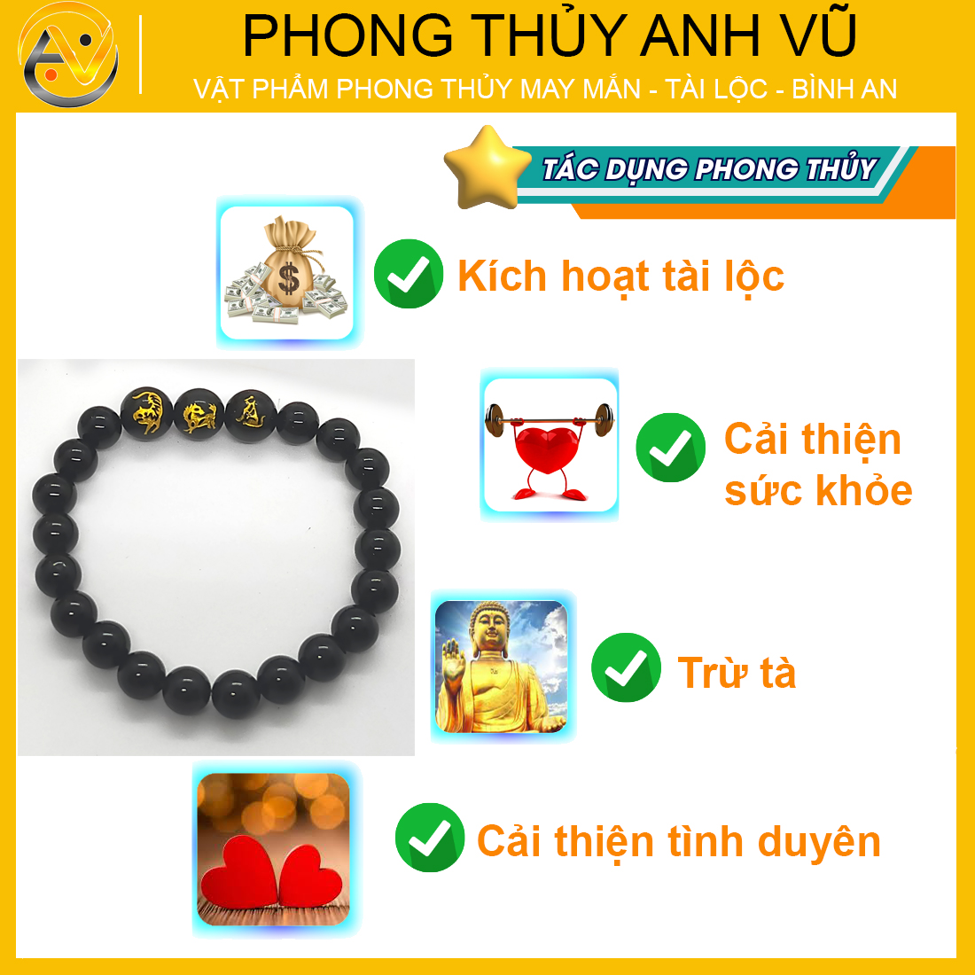 Vòng tam hợp dần ngọ tuất chất liệu mã não đen - size 8 10 12ly cho người mệnh mộc, mệnh thủy - có khai quang điểm nhãn - may mắn tài lộc - PHONG THỦY ANH VŨ