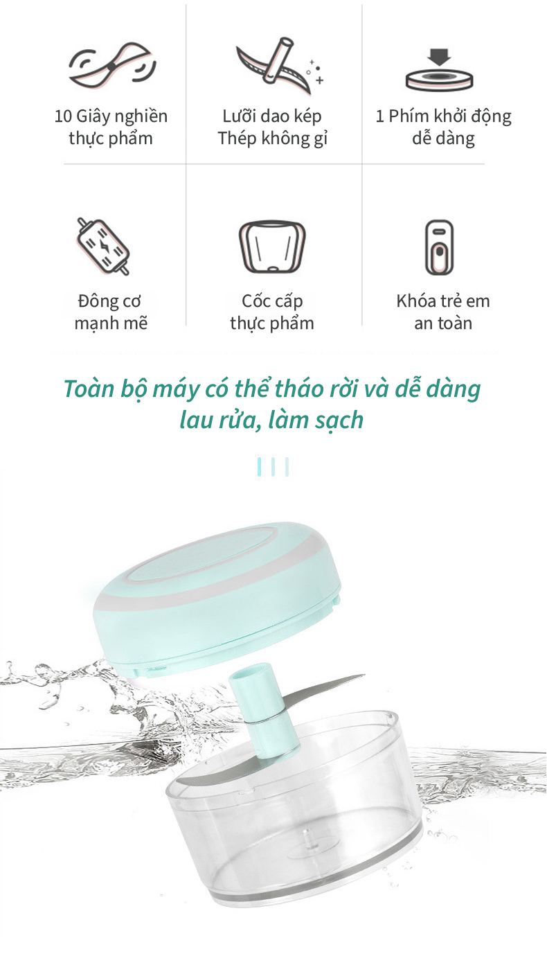 Máy xay đa năng mini sạc pin Tsuki TS-SR01-B2 dung lượng 1200 mAh, xay hành tỏi, gia vị, xay tiêu, làm nước chấm nhanh chóng - Hàng chính hãng